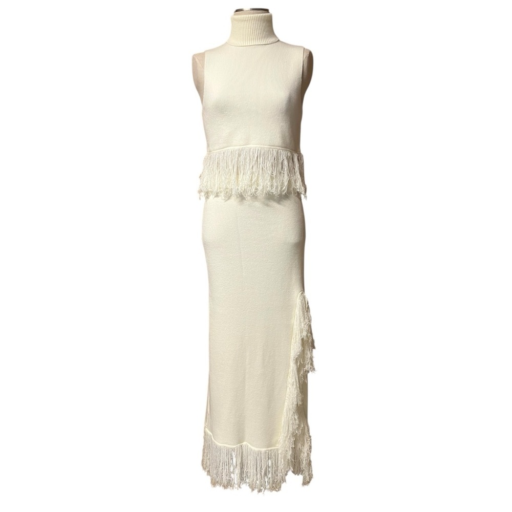 Shop Neighbor Large Cream Fringe Western Boho Style 2 Piece Skirt Turtleneck Set - Picture 2 of 12